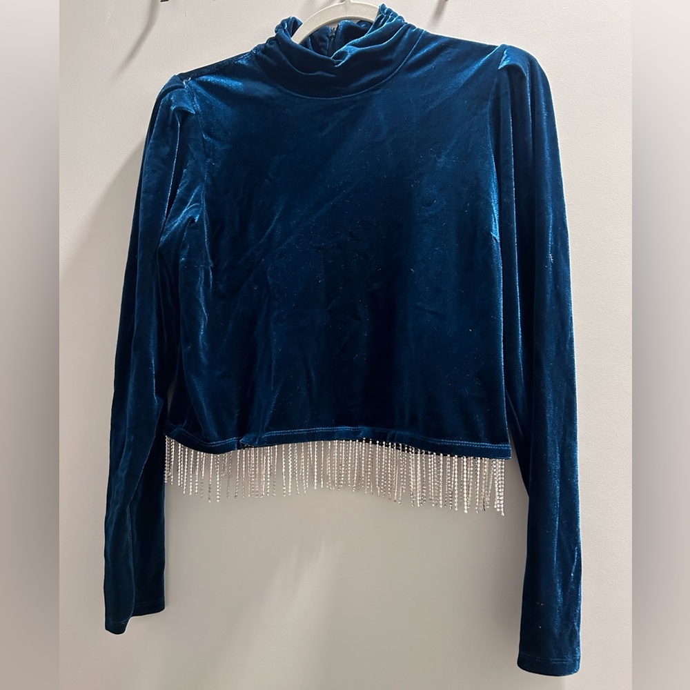Designer JOIE Teal Velvet Long-sleeve Top w/ Hanging Crystals | Size M | Holiday